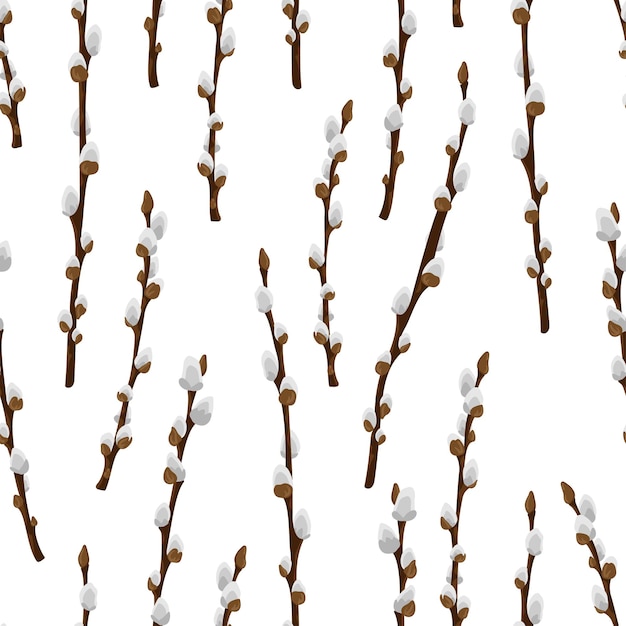 twigs blossom pussy willow tree seamless pattern Fluffy willow branches background