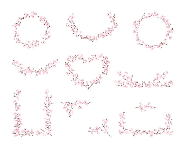 Vector twigs of sakura or cherry blossom arranged in frames and borders vector set