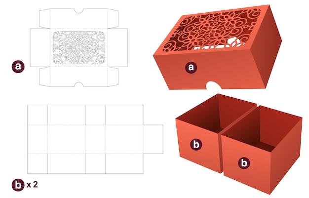 Twin rectangular bowl with stenciled pattern lid die cut template and 3D mockup