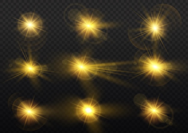 Twinkle lens flares glare Flashing lights Glowing gold star Yellow sun rays Bokeh effect Vector