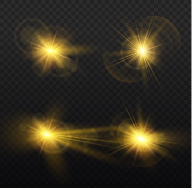 Twinkle lens flares glare Flashing lights Glowing gold star Yellow sun rays Bokeh effect Vector