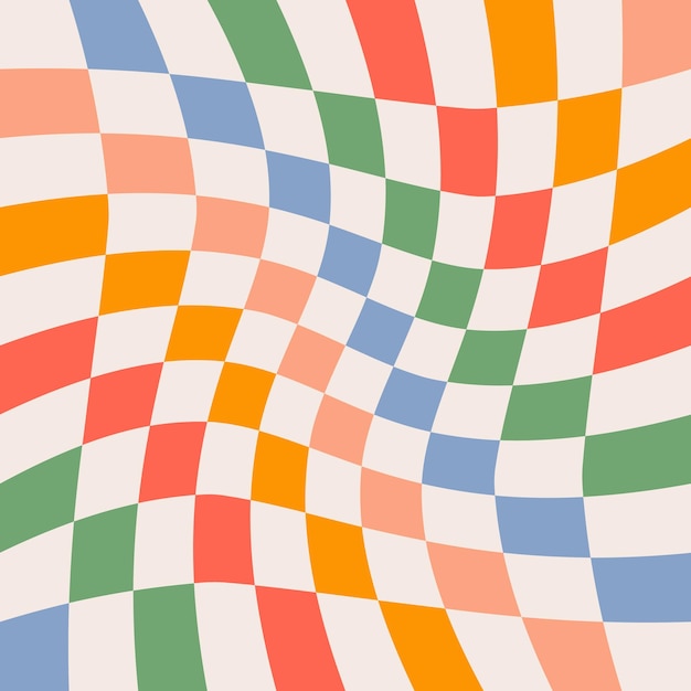 Twisted checkered colorful background Abstract vector pattern Retro wavy psychedelic checkerboard