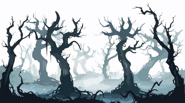 Vector twisted evil crooked trees in fantasy forest