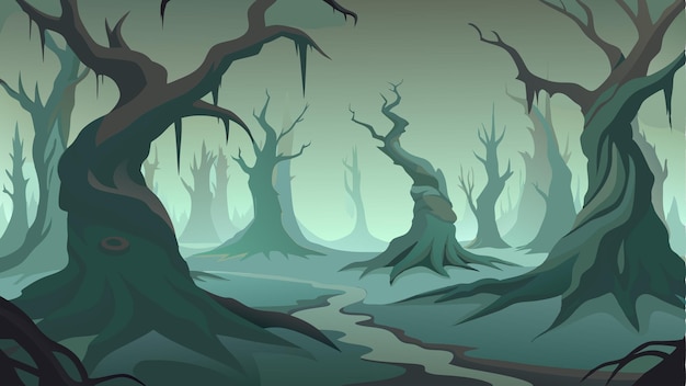 The twisted trunks of the cypress trees loom in the fog their gnarled roots creating an otherworldly landscape