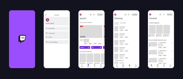 Twitch mobile interface Twitch screen social media streaming platform interface template Homepage logo recommendations subscription profile Glassmorphism Editorial illustration