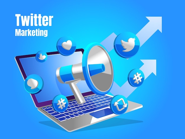 Twitter icons with laptop and megaphone digital marketing social media concept