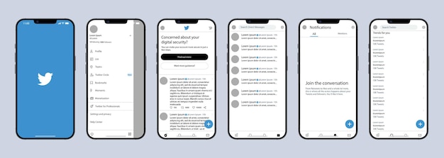 Twitter mobile interface Twitter screen social media social network interface template Homepage logo bird notofications search trends Screenshots from iPhone 14 Editorial