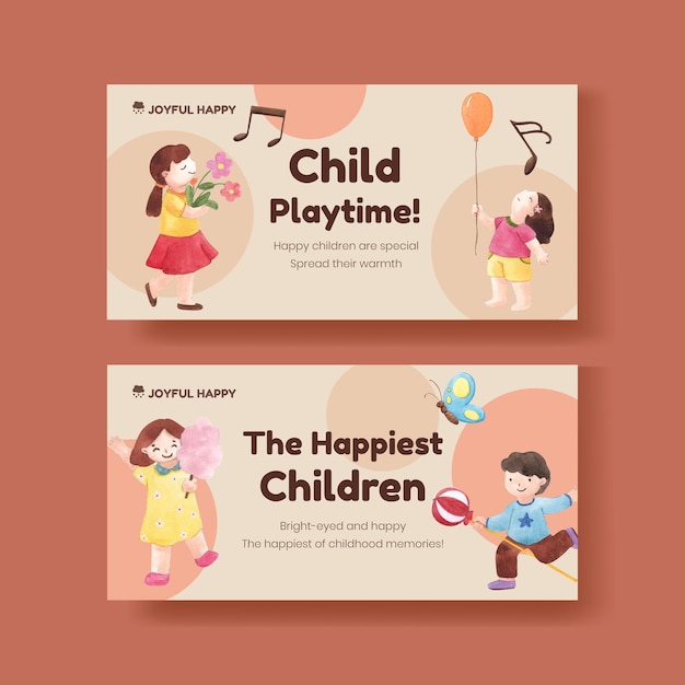 Twitter template with happy children concept,watercolor style