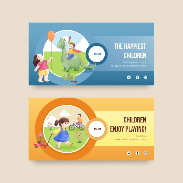 Twitter template with happy children concept,watercolor style