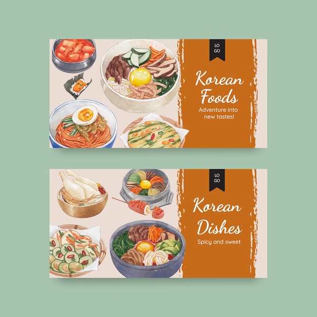 Twitter template with Korean foods concept,watercolor style