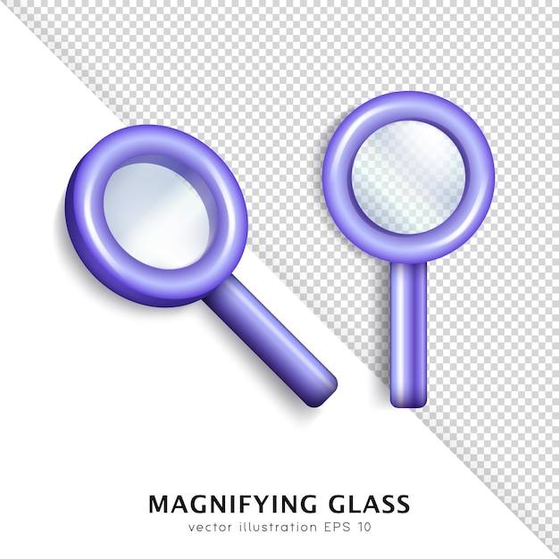 Two 3d cartoon glossy magnifiers. Bright purple magnifying glasses. Glossy realistic loupe zoom tool