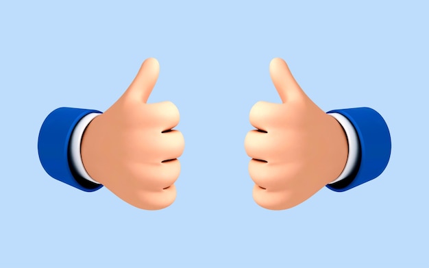 Two 3D cartoon hands show a gesture thumb up isolated on blue background Hand thumb up or like sign Vector 3d illustration