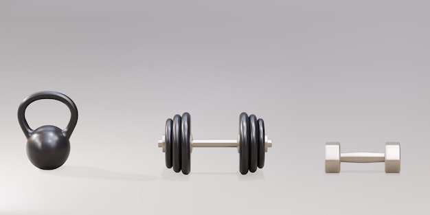 Two 3d dumbbells and a kettlebell on a gray background