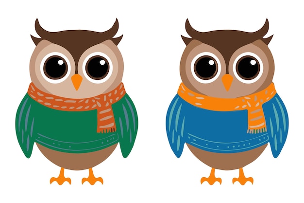 Vector two adorable cartoon owls dressed in cozy scarves and sweaters in playful winter setting vector