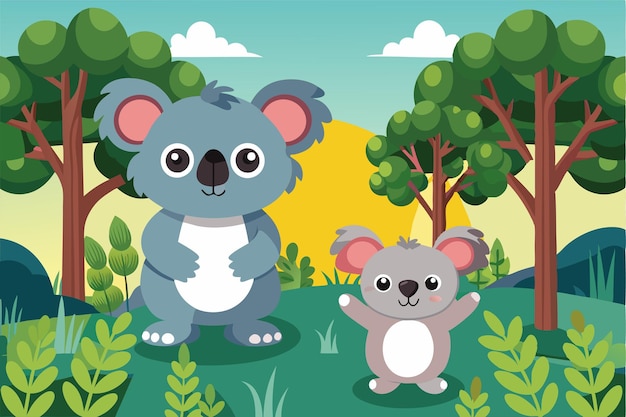 Vector two adorable koalas enjoy their time in lush trees under a bright blue sky surrounded by greenery koalas in trees customizable flat illustration