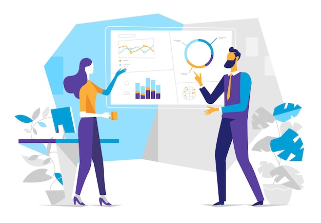 Vector two analysts studying the statistical data report