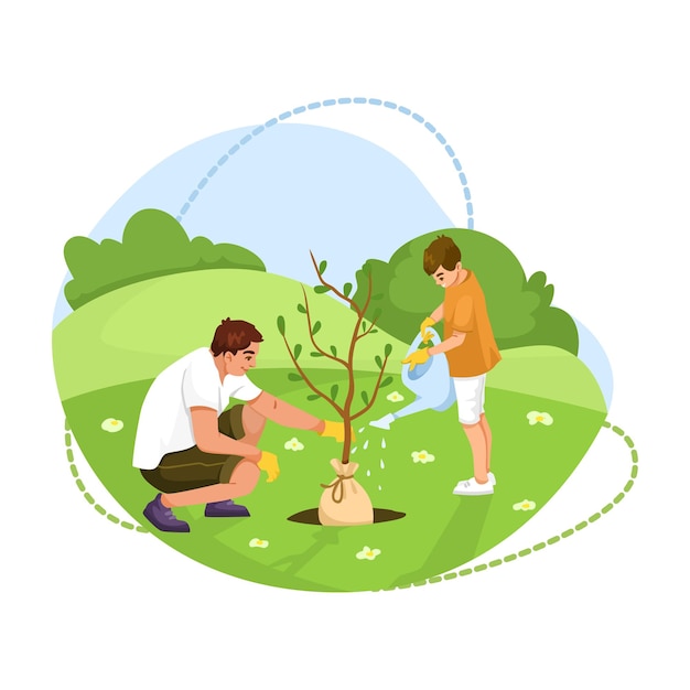 Two animated characters planting a tree cartoon style on a green and blue background concept of environmental care Vector illustration