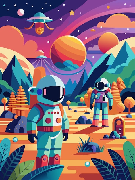 Vector two astronauts exploring a colorful alien landscape