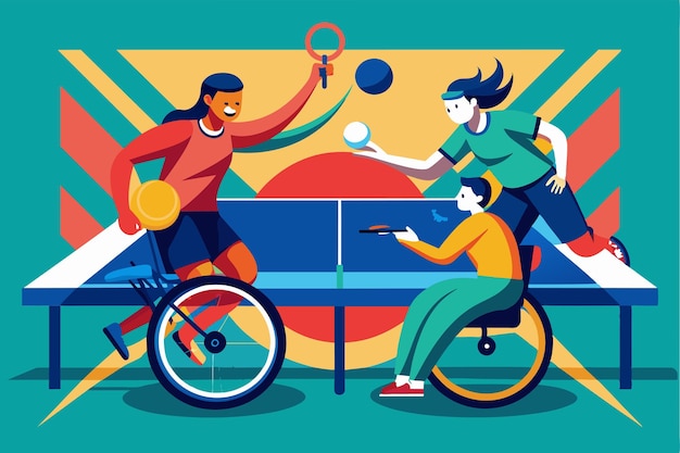 Vector two athletes in wheelchairs engage in an exciting table tennis match while showcasing adaptive sports paralympic table tennis customizable semi flat illustration