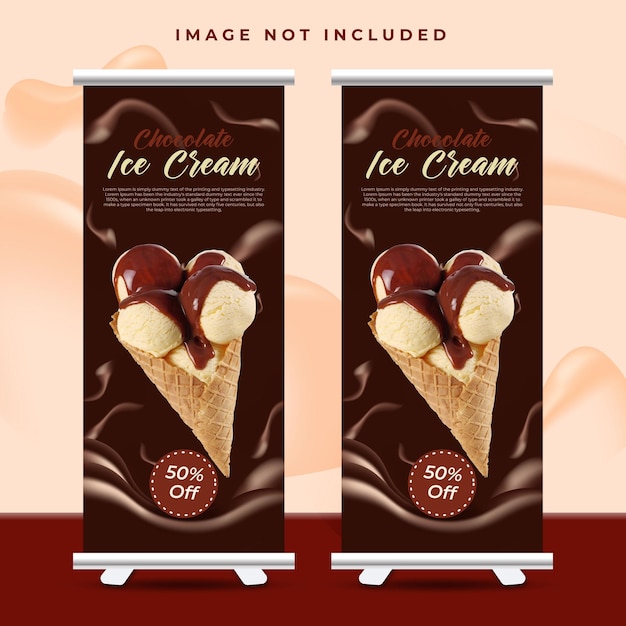 Two banners for chocolate ice cream are displayed in a store.