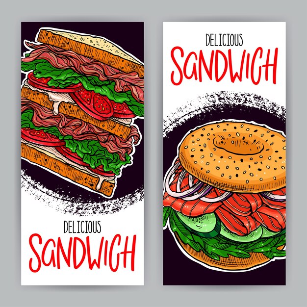 Two banners of delicious sandwiches. hand-drawn illustration