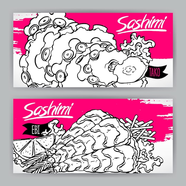 Two banners with different kinds of sketch sashimi. shrimp and octopus. hand-drawn illustration