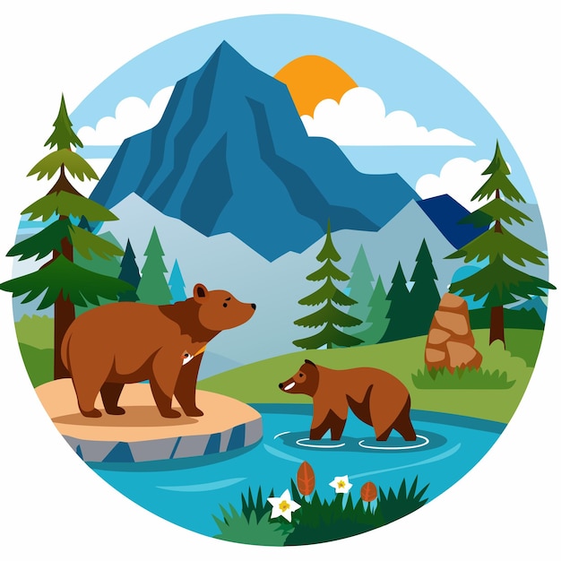 Two Bears in a Mountainous Forest Landscape with a River