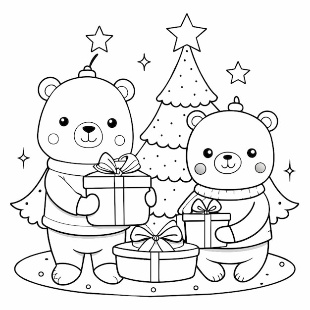 Vector two bears with presents under a christmas tree