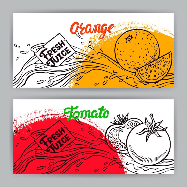 Two beautiful horizontal banners. Fresh Juice. sketch tomato and orange. hand-drawn illustration