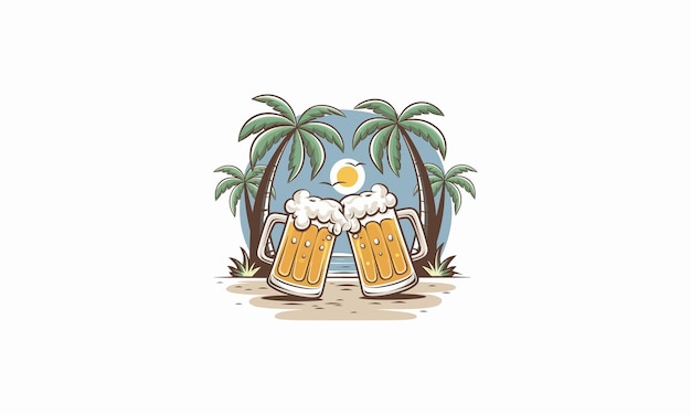 Vector two beer mugs clinking together on a tropical beach