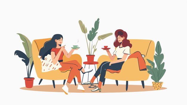 Vector two best friends relaxing at home on sofa