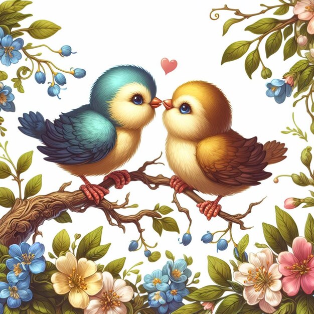 two birds are kissing on a branch with flowers and a picture of them