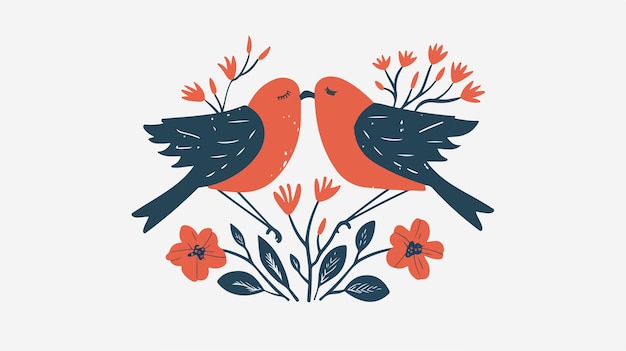 two birds are sitting on a branch with flowers and red flowers