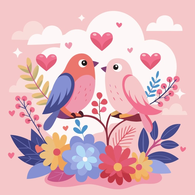 two birds are sitting on a branch with hearts