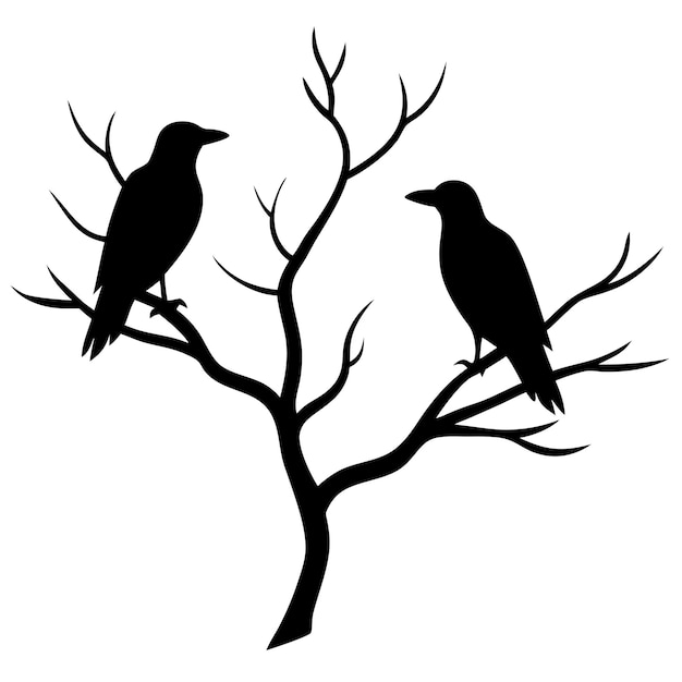 Vector two birds are sitting on a tree one of which is black