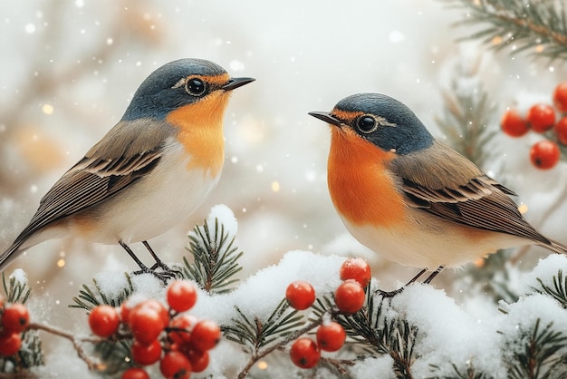 two birds are standing in the snow with a christmas tree in the background