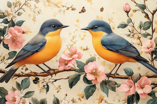 two birds on a branch with flowers and flowers