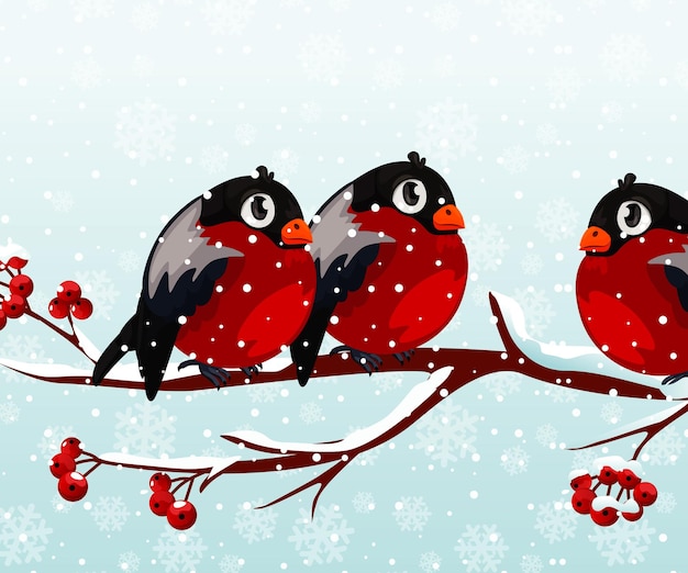 Vector two birds on a branch with snow and snow on the background