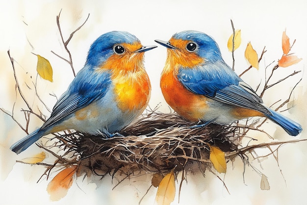 two birds in a nest with yellow and orange feathers