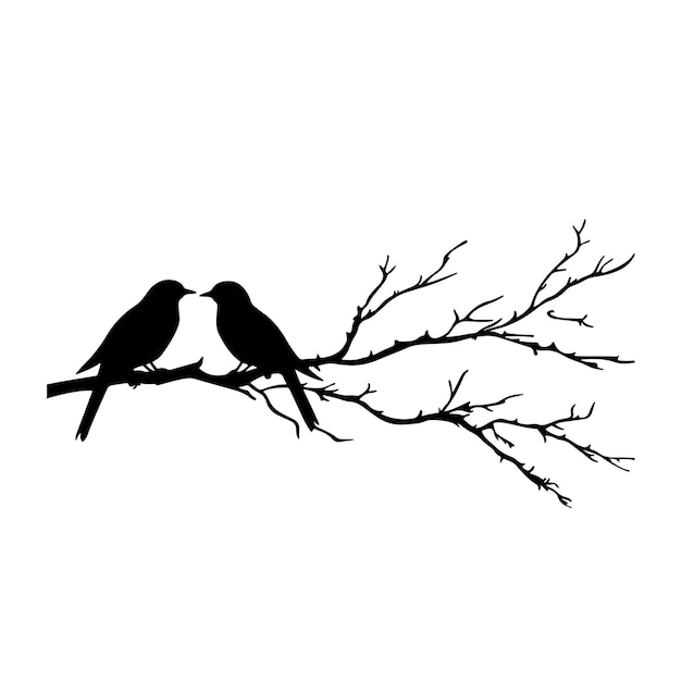 Vector two birds on a tree one is black and the other is a bird with a white background