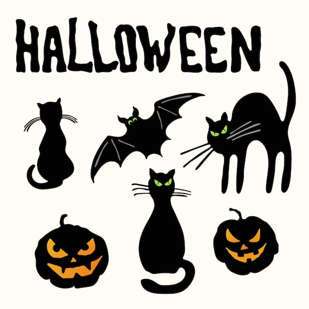 Two black silhouette cats, carving face pumpkin lanterns, bat and Halloween title isolated 