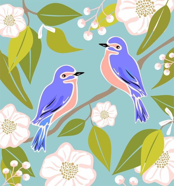 Two blue birds on branch