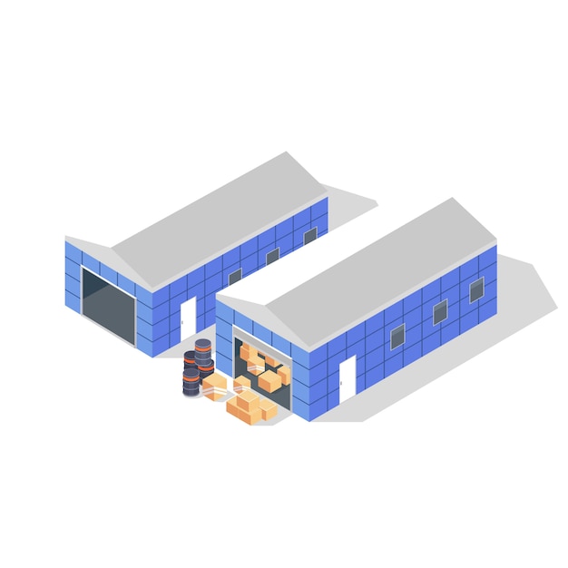 Two blue buildings with grey roofs of warehouse with black drums, cardboard boxes or wooden crates. Storage, depot for goods, products.  isometric illustration  on white background.