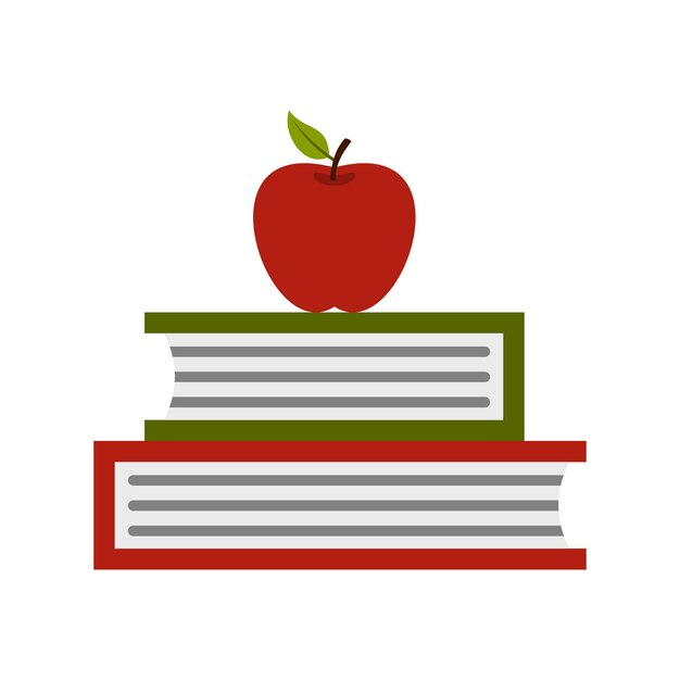 Vector two books with red apple icon in flat style on a white background