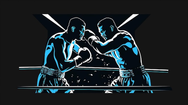 Two boxers fighting in a boxing ring lit by overhead lighting