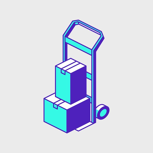 Two boxes on a hand cart dolly isometric vector icon illustration