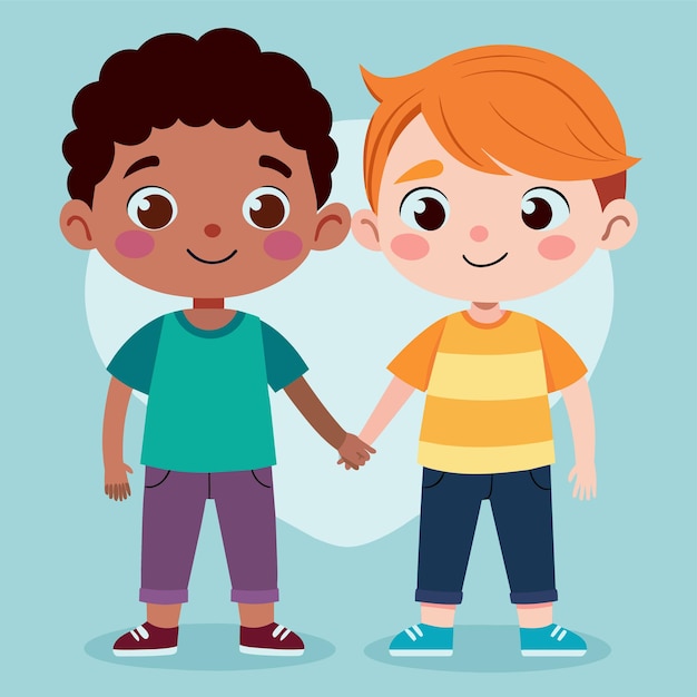 Vector two boys holding hands with one wearing a yellow shirt and the other with the other wearing a blue shirt