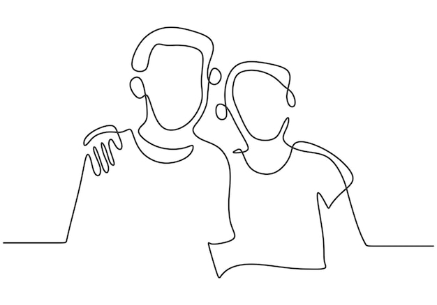 Two boys hugging each other in continuous line art drawing style Happy teenager man is hugging pose isolated on white background Friendship concept in modern minimalistic style Vector illustration