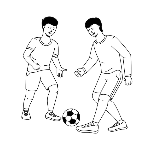 Two boys or teenagers play football happy men playing soccer in the park Line vector