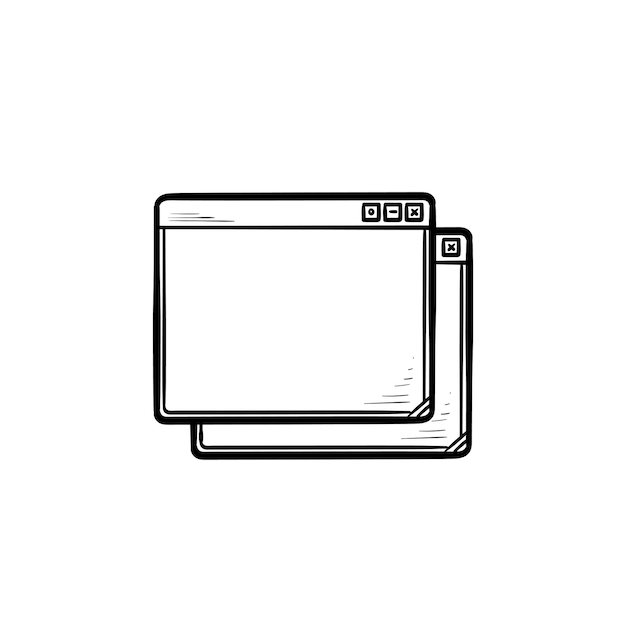 Two browser windows hand drawn outline doodle icon. Internet and interface, cascade windows and search concept. Vector sketch illustration for print, web, mobile and infographics on white background.